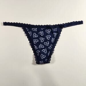 Victoria's Secret Cotton Lace V-String Thong Panty - Navy Blue Floral Heart - XL